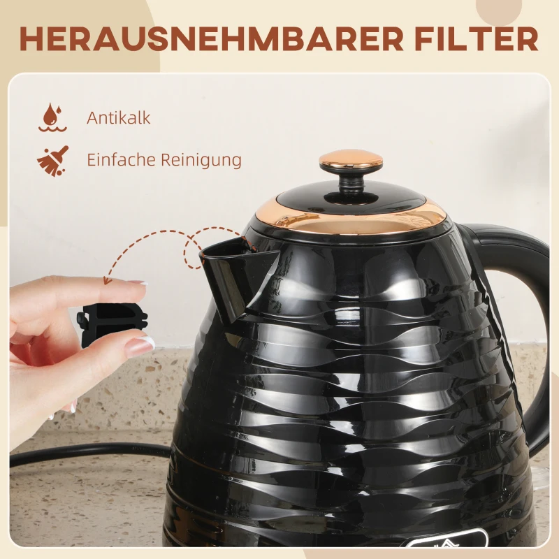 HOMCOM Elektrische waterkoker, 1,7L, 2,2kW, snelkookfunctie met afneembaar wasbaar anti-kalkfilter