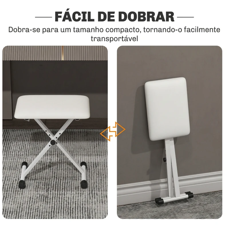 HOMCOM Banco de Piano Dobrável com Altura Ajustável 37-47 cm, Acolchoado em PU, Banco para Teclado, Pés Metálicos, Branco