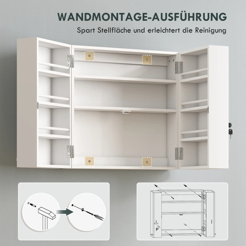 HOMCOM Medicijnkast afsluitbaar 2-deurs hangend met 11 vakken en 2 sleutels, 53 x 20 x 53 cm, wit
