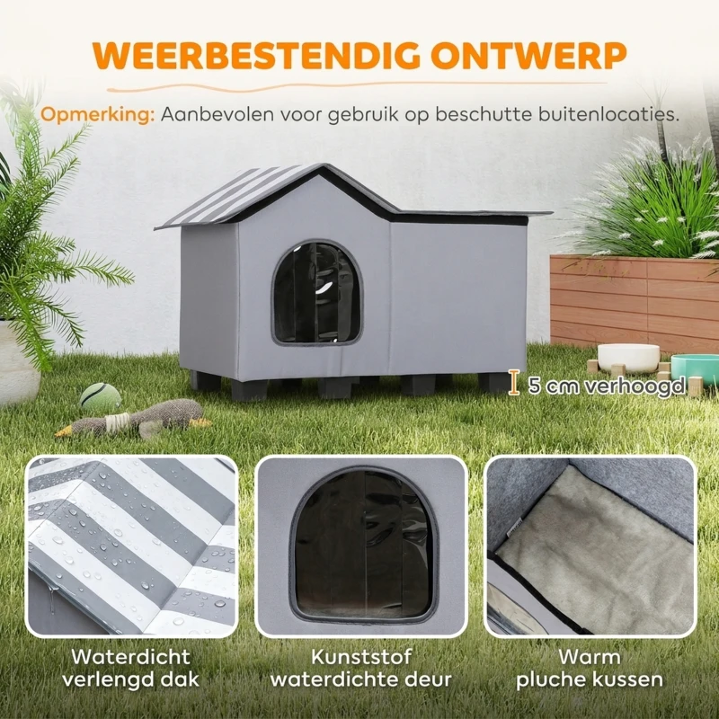 PawHut Waterafstotend kattenhuis met afneembaar zadeldak, warmte-isolatie en platform, 70 x 43 x 45 cm, grijs