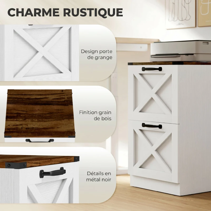 HOMCOM Caisson de Bureau avec 2 Tiroirs, Dossiers Suspendus pour Formats Lettre/A4, Style Rustique, 40x40x71cm, Blanc