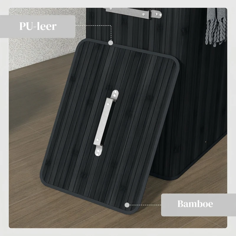 HOMCOM Wasmand, wasbox, wasverzamelaar met deksel, zeildoek zak, bamboe, vouwbaar, 72L, zwart 40 x 30 x 60 cm
