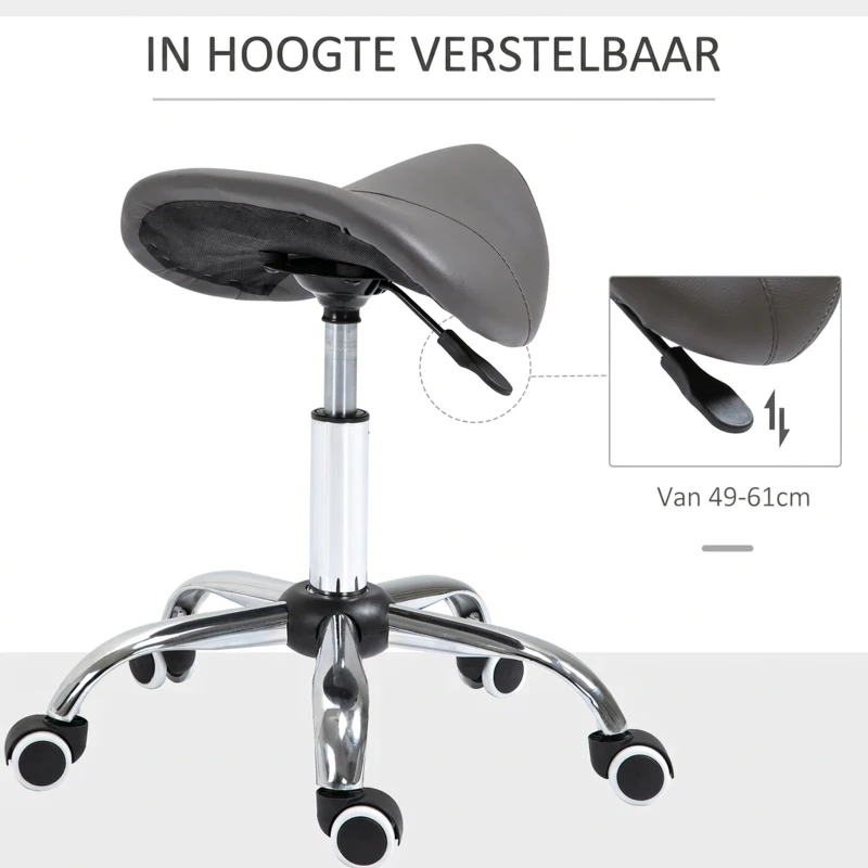 HOMCOM Rollende kruk, zadelvormige zitting, in hoogte verstelbaar, 360° draaibaar, kunstleer, donkergrijs, 53 x 52 x 49-61 cm(m-4)