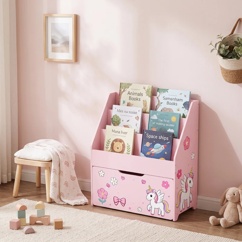 AIYAPLAY Librería Infantil con Cajón Móvil y 3 Estantes Estantería para Libros Diseño de Unicornio Montessori 3 a 8 Años Rosa