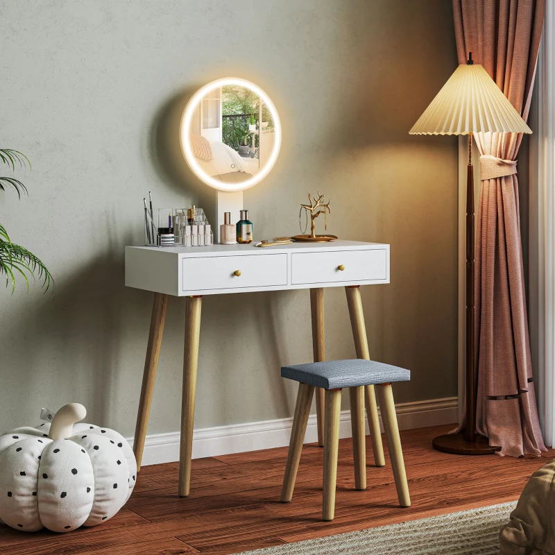 HOMCOM Coiffeuse avec miroir LED à luminosité et 3 couleurs réglable, tabouret rembourré, 2 tiroirs et organisateur, blanc