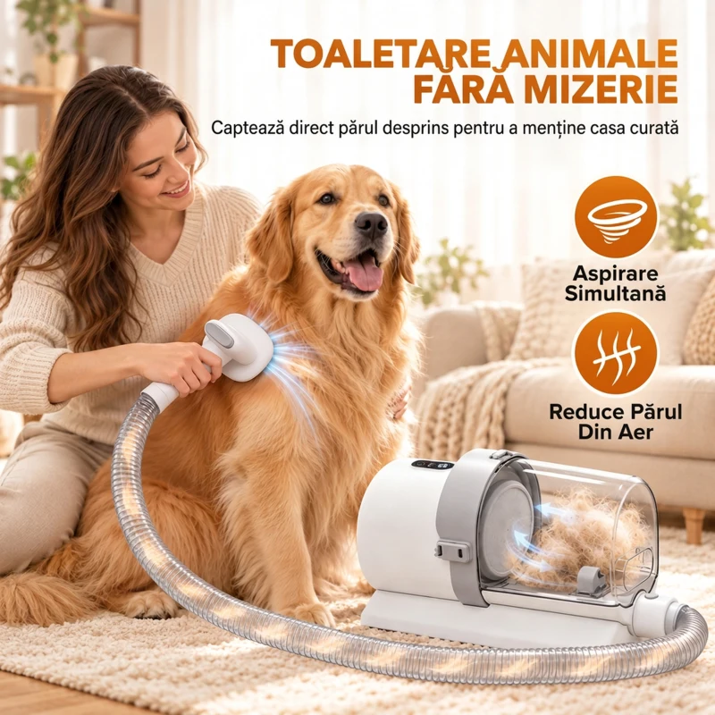PawHut Kit de Toaletare pentru Câini și Pisici 5 în 1, cu Aspirator 10 kPa, Mașină de Tuns și Perie, Recipient 2,5 L, 3 Viteze, Silențios