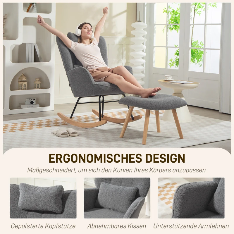 HOMCOM Schommelstoel met Voetenbank, zachte Fleece Bekleding, Houten Poten, Kussen, Hoge Rugleuning, Schommelstoel, Donkergrijs