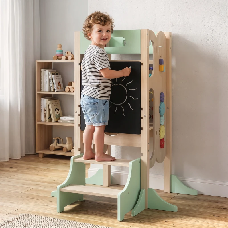 AIYAPLAY Torre de Aprendizaje 6 en 1 Montessori Plegable 3 Alturas con Pizarra Ábaco Reloj Escalones Desmontables 2-6 Años Verde