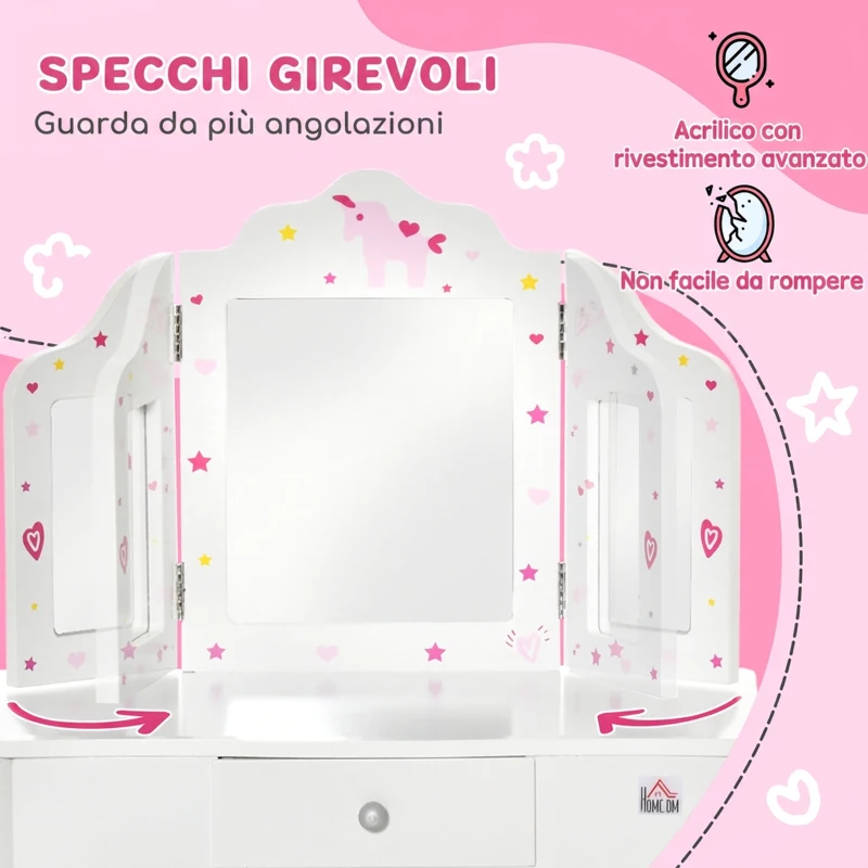 HOMCOM Toeletta per Bambini con Sgabello, Tavolo Trucco con Triplo Specchio e Cassetto, 63x40x85.5cm, Bianco