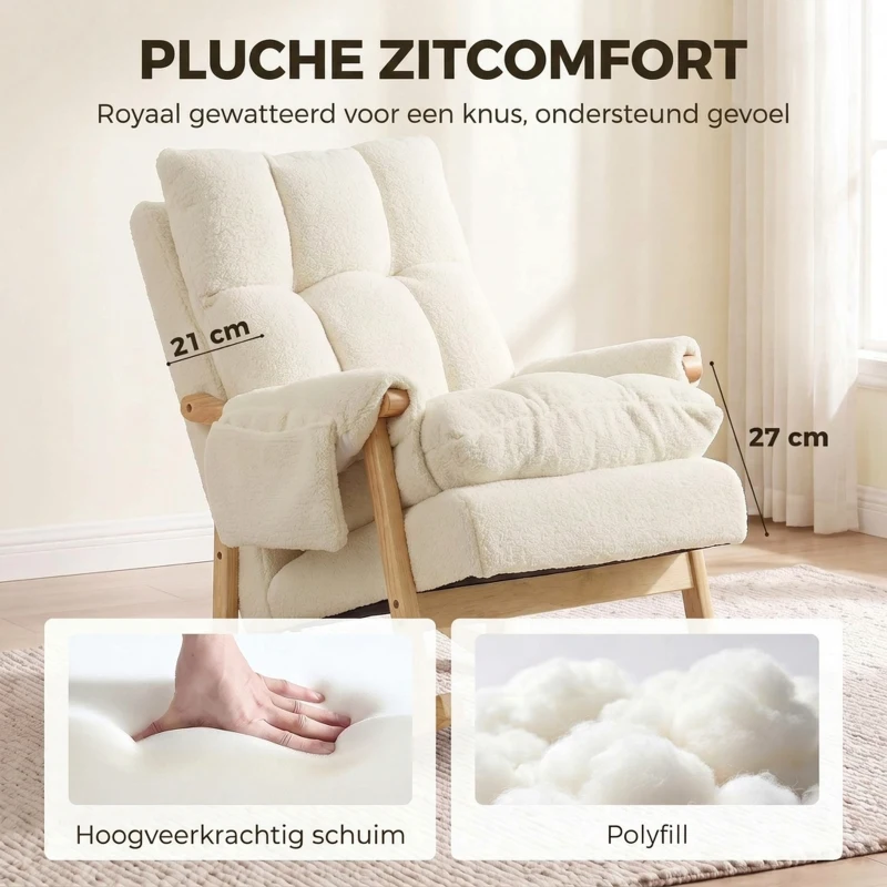 HOMCOM Schommelstoel met zijvakken, snow-flanel bekleding en rubberhouten poten, crèmewit