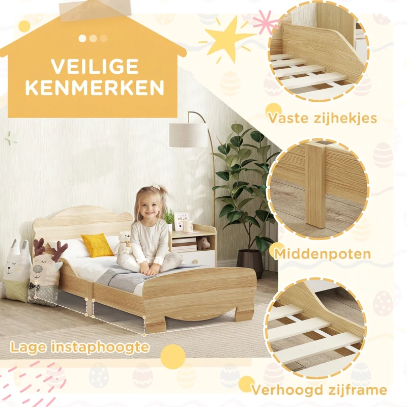 AIYAPLAY Kinderbed Huisbed met Berenontwerp - Speelbed voor Kinderen 3-6 Jaar 143,5 x 80 x 55 cm Natuurhout