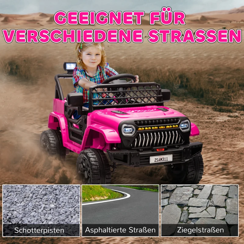 AIYAPLAY Elektrische kinderauto 12V met 2,4 GHz afstandsbediening, 2 motoren, claxon, LED, muziek voor 3-8 jaar Roze(m-6)