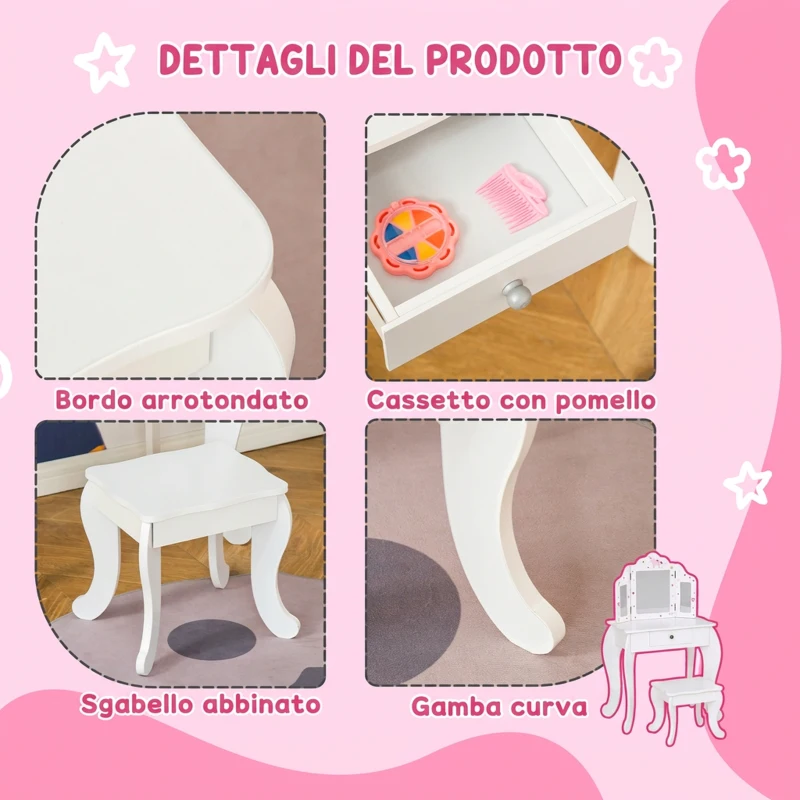 HOMCOM Toeletta per Bambini con Sgabello, Tavolo Trucco con Triplo Specchio e Cassetto, 63x40x85.5cm, Bianco