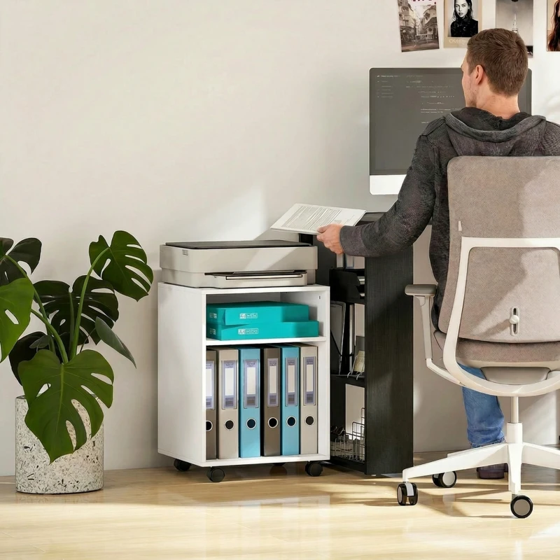 HOMCOM Printerstandaard Printertafel met 2 open planken en wieltjes met rem voor Kantoor Thuis Fax Scanner 40 x 35 x 56 cm Wit