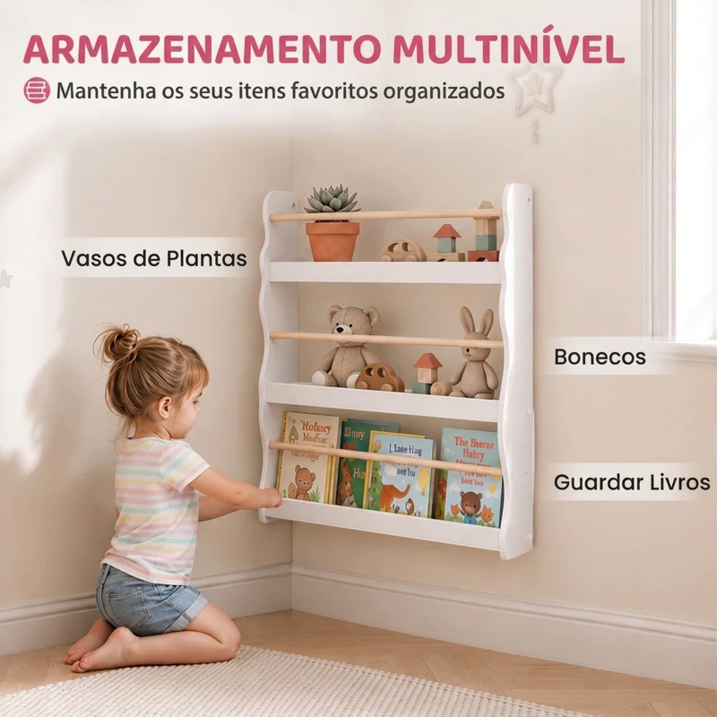 AIYAPLAY Estante de Livros Infantil de Parede com 3 Níveis, para Sala de Brincar, Sala de Estar e Cantinhos de Leitura, Branco, 3-8 Anos