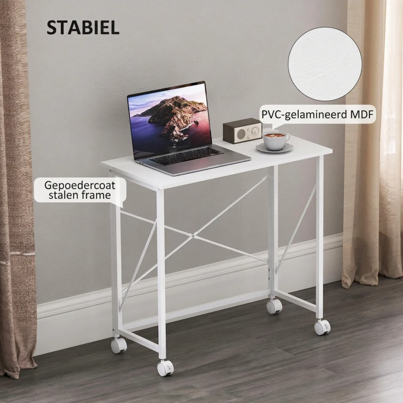 HOMCOM Bureau met Wielen Inklapbaar Bureau met Stalen Frame voor Woonkamer Slaapkamer 80 x 40 x 75 cm Wit