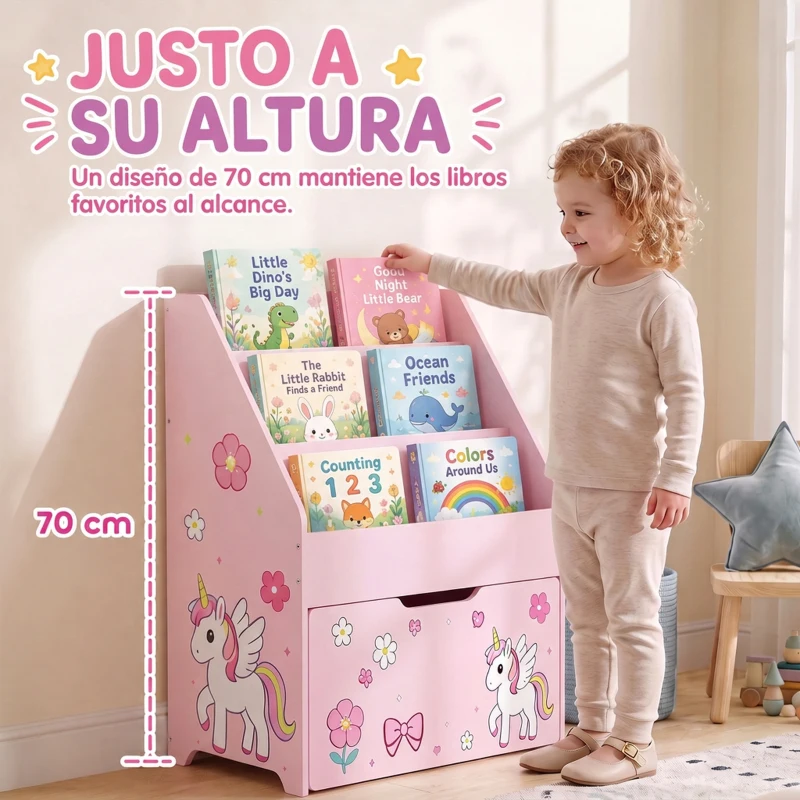 AIYAPLAY Librería Infantil con Cajón Móvil y 3 Estantes Estantería para Libros Diseño de Unicornio Montessori 3 a 8 Años Rosa
