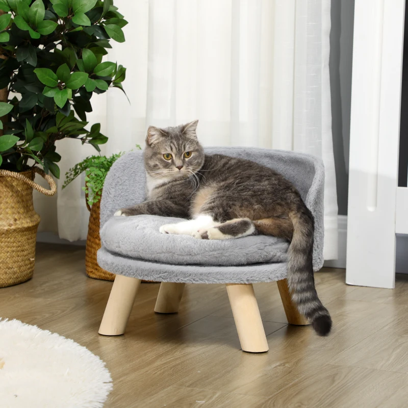 PawHut Cama para Perros Miniaturas con Cojín Lavable y Marco de Madera y Alfombrillas Antideslizantes Ø40,5x33 cm Gris