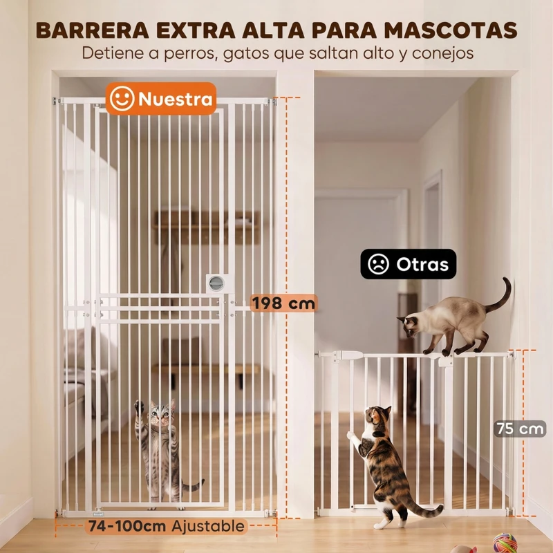 PawHut Barrera de Seguridad Perros Gatos Extra Alta 198 cm Extensible 74-100 cm para Puerta Escalera Montaje a Presión Blanco