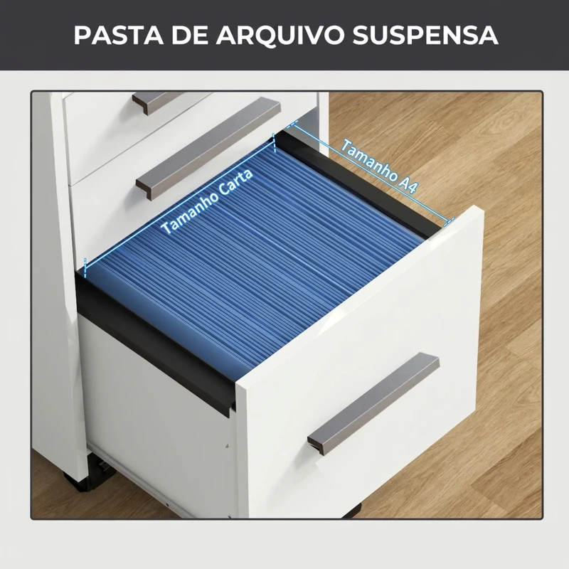 HOMCOM Gaveteiro de Secretária com Rodas e 3 Gavetas, Fechadura e 2 Chaves, Barras Ajustáveis para Arquivos, 39,2x40x65,4 cm, Branco