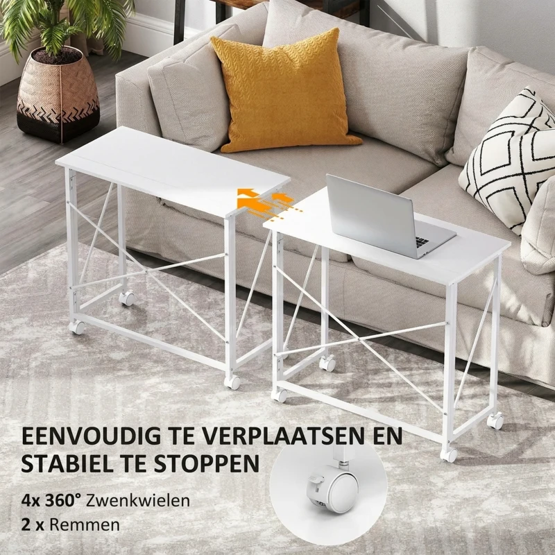 HOMCOM Bureau met Wielen Inklapbaar Bureau met Stalen Frame voor Woonkamer Slaapkamer 80 x 40 x 75 cm Wit