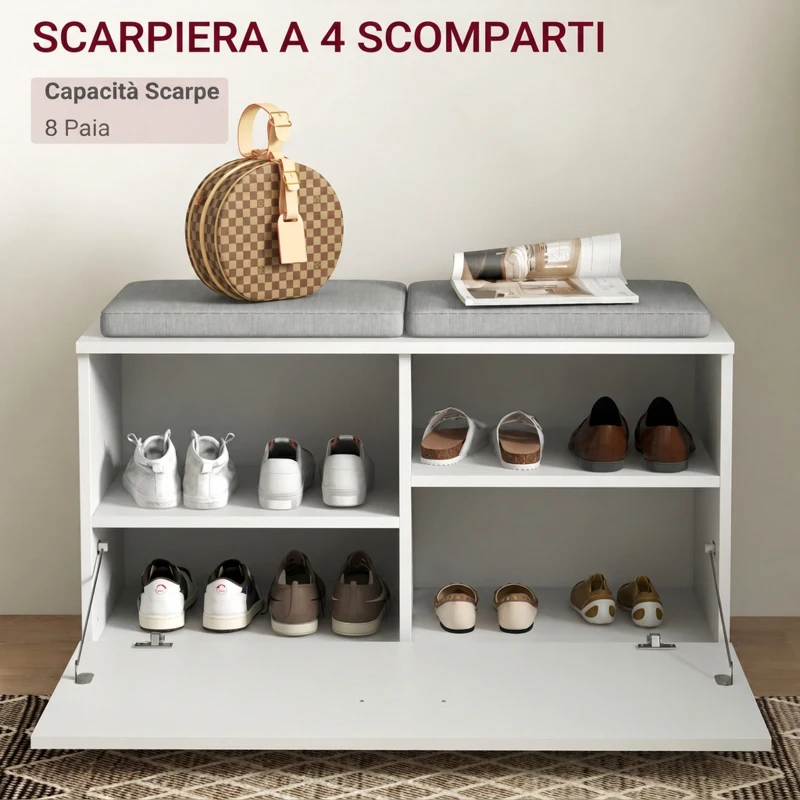 HOMCOM Set Mobili da Ingresso con Appendiabiti, Specchio, Panca con Cuscini e Scarpiera per 8 Paia di Scarpe, Bianco