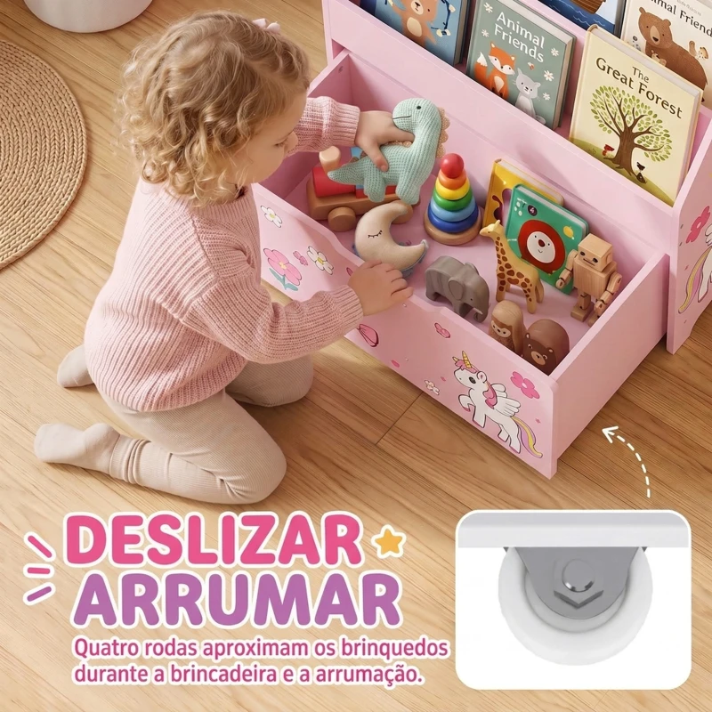 AIYAPLAY Estante Infantil para Livros com Gaveta Móvel e 3 Prateleiras, Design Unicórnio, Montessori, 3-8 Anos, Rosa