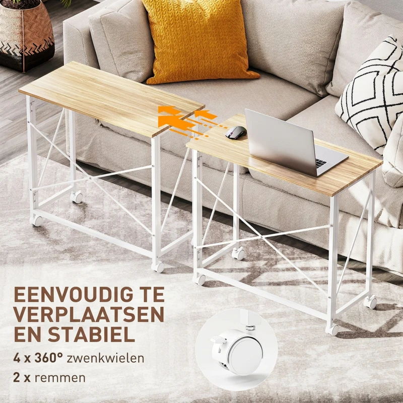 HOMCOM Inklapbaar bureau met wielen, ruimtebesparend, staal, MDF, naturel