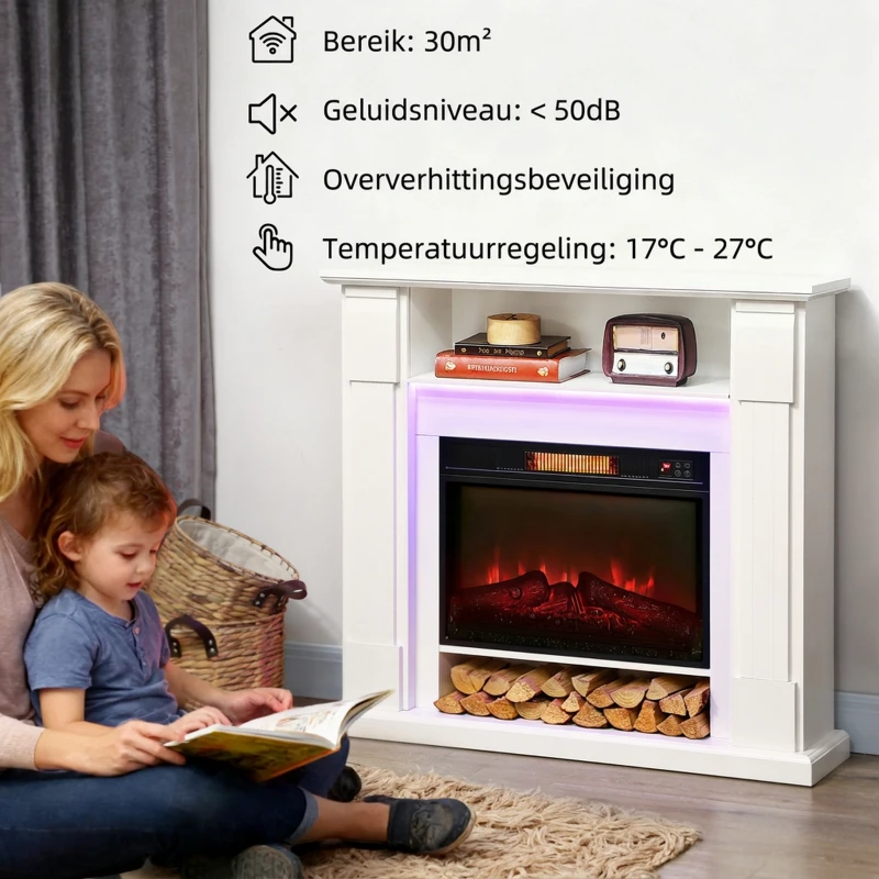 HOMCOM Elektrische haard met LED-verlichting, realistisch vlameffect, 1800W, schouw, 2 afstandsbedieningen, glas, Wit