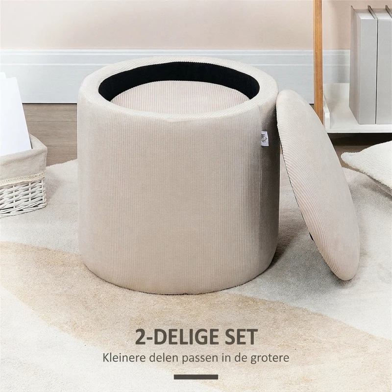 HOMCOM Ottoman Krukken, Tweedelige Set, met Opbergruimte, Zachte Vulling, Corduroy Look, Crèmewit, 40 x 40 x 41cm