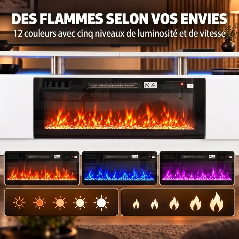 HOMCOM Meuble TV avec Cheminée Électrique 203cm avec Éclairage LED Fausse Cheminée Décorative 900/1800W Effet Flamme 3D Blanc