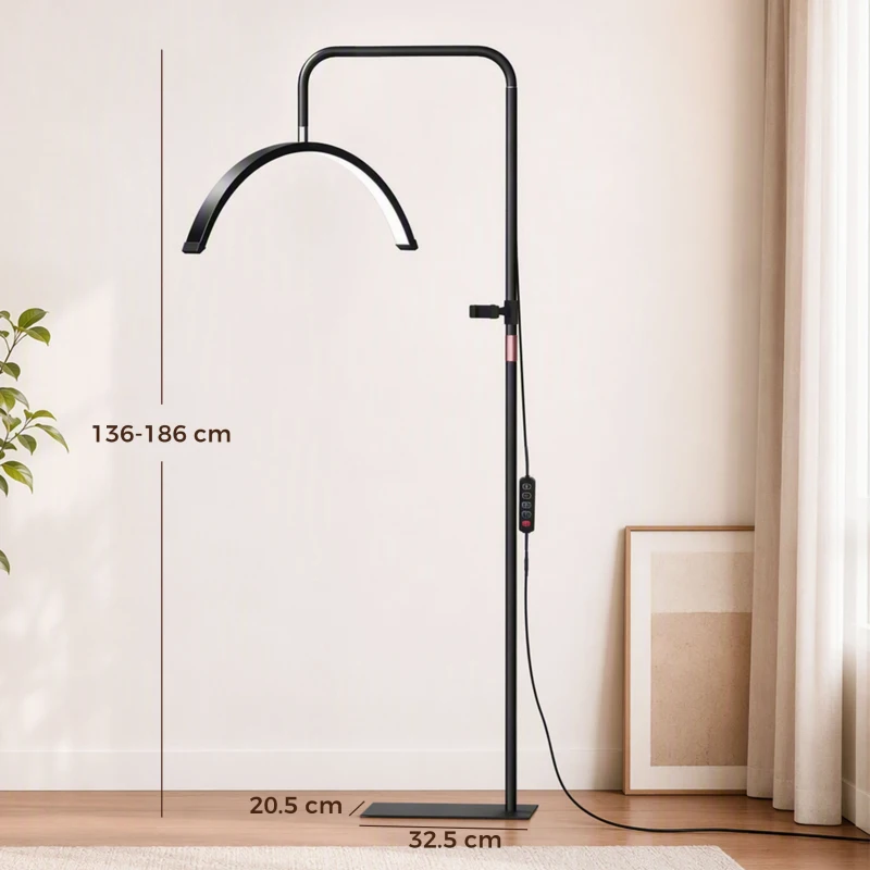 HOMCOM Lampă de Podea LED cu Cap Semilună, Înălțime și Temperatură de Culoare Reglabile, Telecomandă, Negru