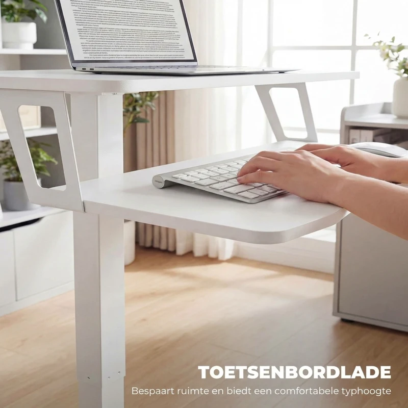 HOMCOM In hoogte verstelbaar zit-sta bureau, verrijdbaar sit-stand bureau met toetsenbordlade, wielen en stalen frame, Wit