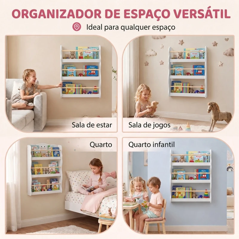 AIYAPLAY Estante de Livros Infantil de Parede com 3 Níveis, para Sala de Brincar, Sala de Estar e Cantinhos de Leitura, Branco, 3-8 Anos