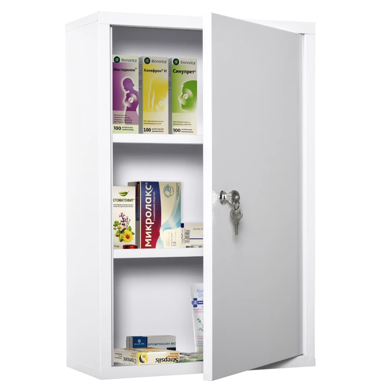 kleankin Medicijnkastje met Slot 3 Schappen Staal Wit 40 x 18 x 60 cm(m-10)