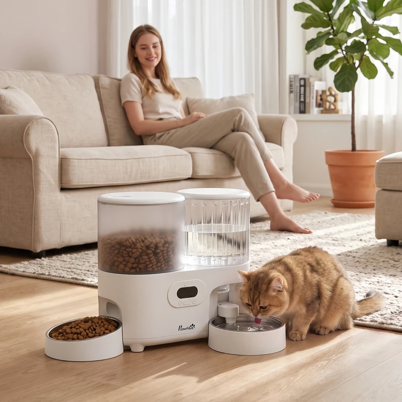 PawHut Comedero Automático para Gatos/Perros con Dispensador de Agua 2 en 1 5L Comida y 4L Agua con Temporizador Cuencos Inox