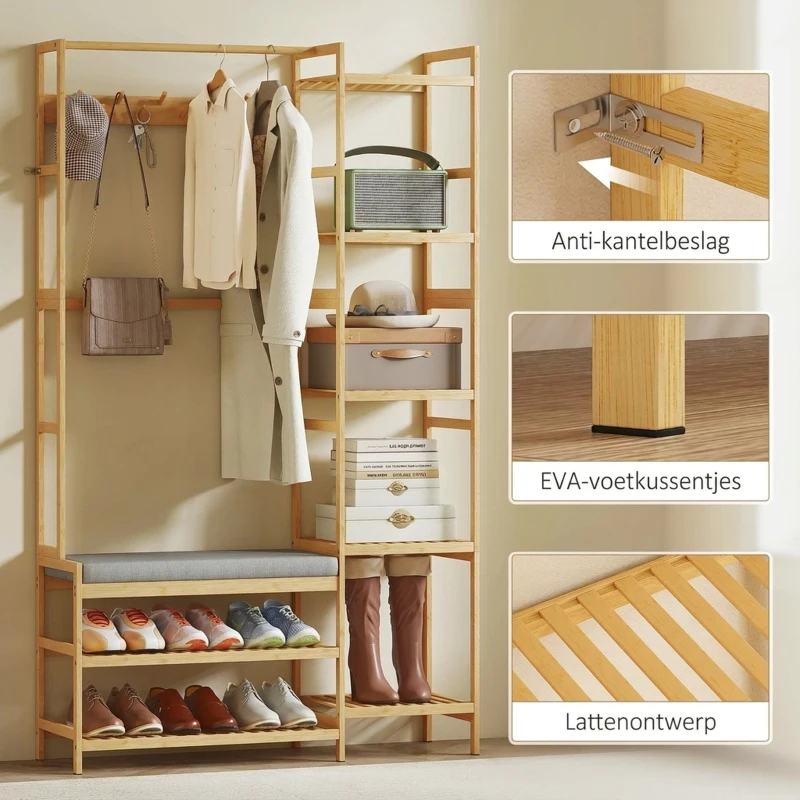 HOMCOM Kapstok met schoenenrek, kledinghaken, jasstandaard, zitbank met kussen, voor hal, entree, natuurhout(m-7)