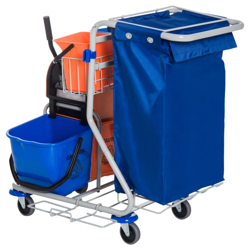 HOMCOM Schoonmaakwagen schoonmaaktrolley met wielen 4 verrijdbare emmers, dweilwagen, blauwe systeemwagen(m-6)