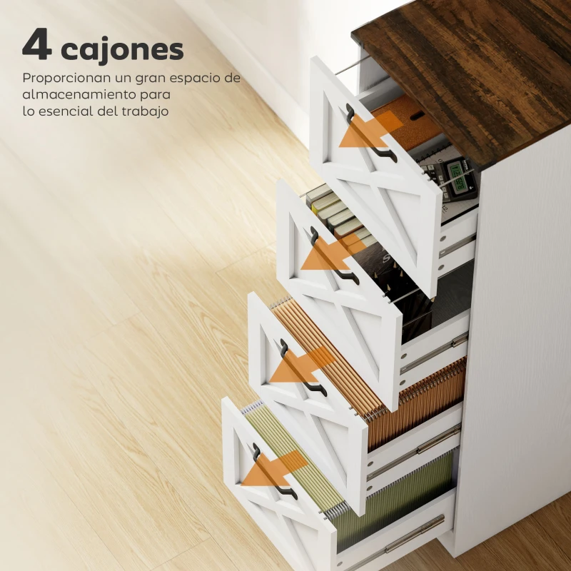 HOMCOM Cajonera Escritorio con 4 Cajones Soporte para Impresora con Riel Colgante para A4 y Carta 40x40x131 cm Blanco