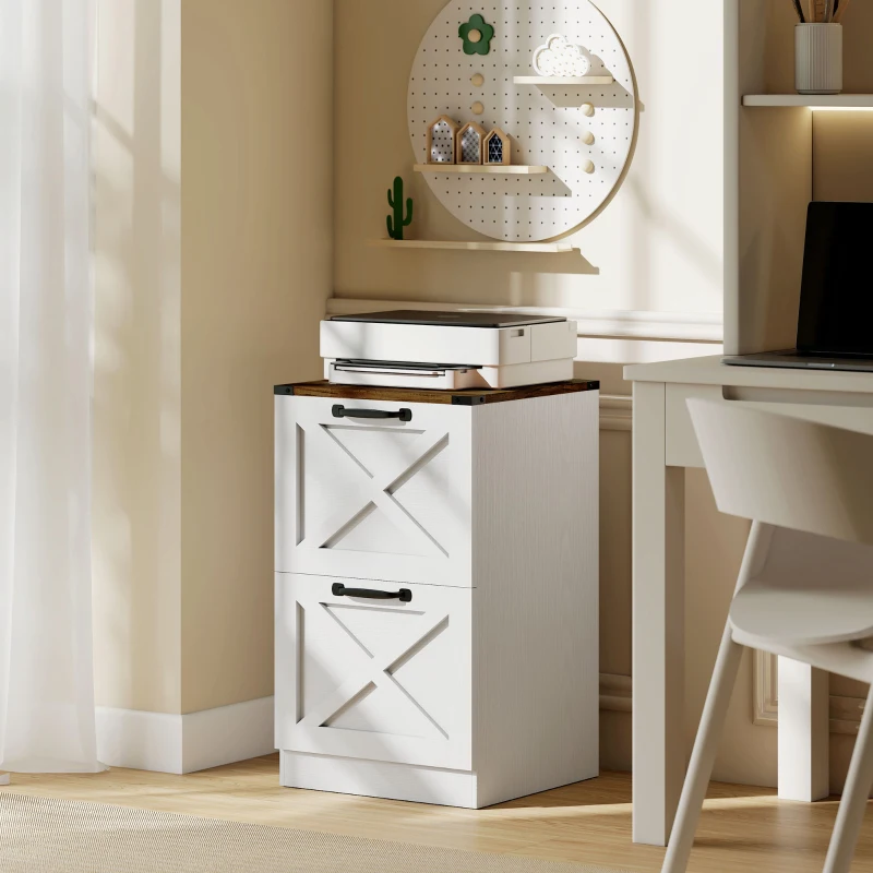 HOMCOM Caisson de Bureau avec 2 Tiroirs, Dossiers Suspendus pour Formats Lettre/A4, Style Rustique, 40x40x71cm, Blanc