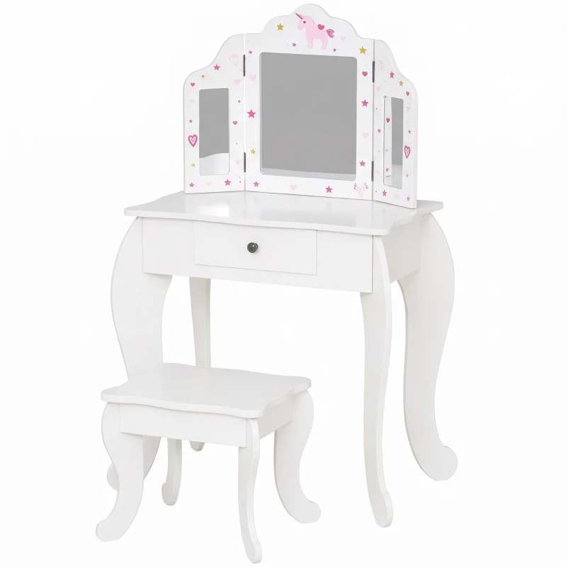 HOMCOM Toeletta per Bambini con Sgabello, Tavolo Trucco con Triplo Specchio e Cassetto, 63x40x85.5cm, Bianco
