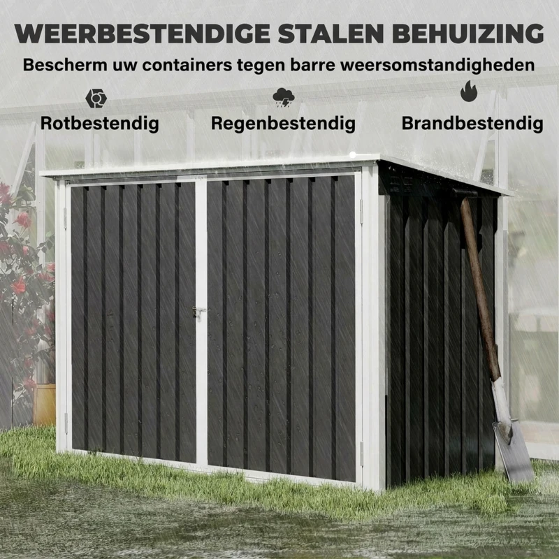 Outsunny Vuilnisbakombouw voor 2 bakken van gegalvaniseerd staal met klapdeksel, gasveer, dubbele deuren en ventilatieopeningen