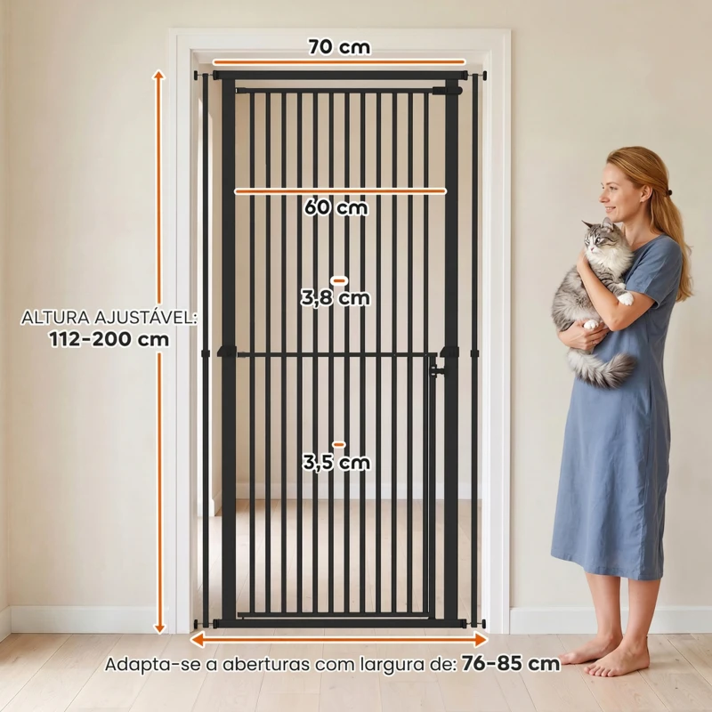 PawHut Barreira de Segurança Extra Alta para Crianças, Cães e Gatos 112-200 cm, Largura Ajustável 76-85 cm, para Portas e Escadas