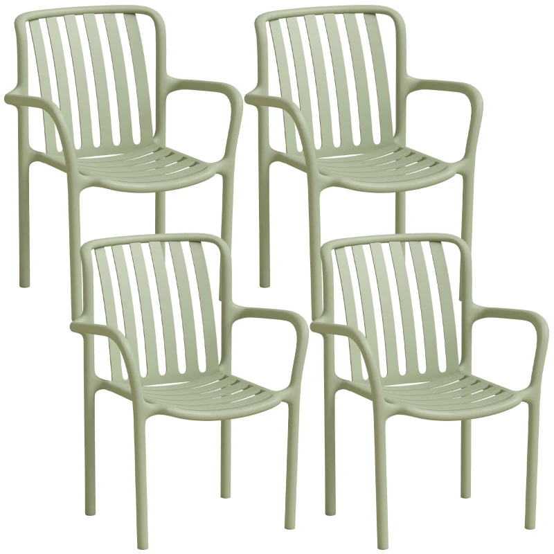 HOMCOM Lot de 4 Chaises Salle à Manger, Chaises de Cuisine Empilables en PP avec Dossier Incurvé à Lattes et Accoudoirs, Vert