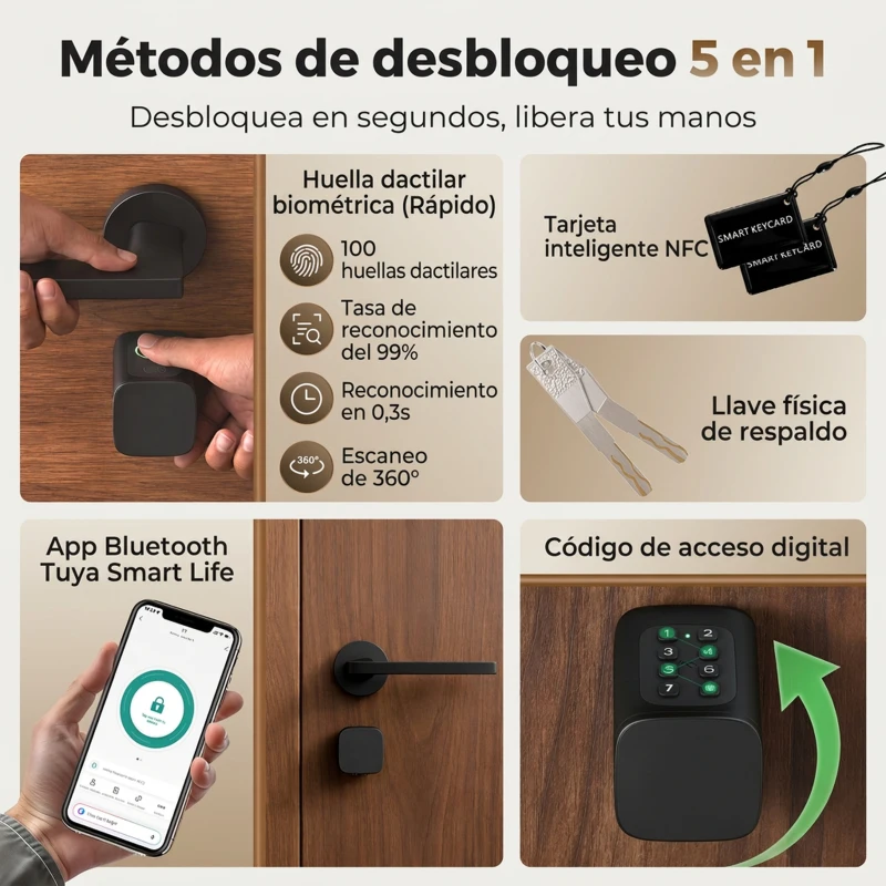 HOMCOM Cerradura Inteligente 5 en 1 con Huella App Tuya Bluetooth Código Tarjeta NFC/RF Llave Códigos Temporales