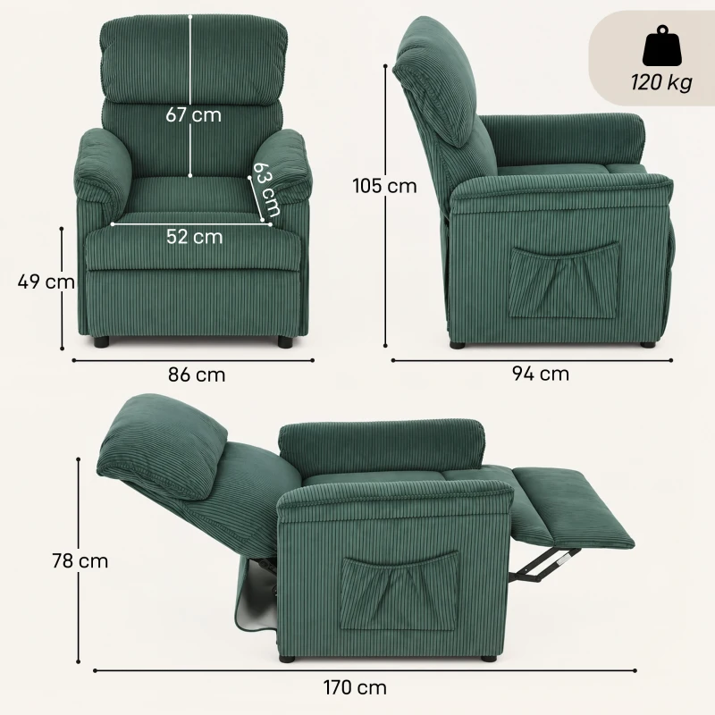 HOMCOM Corduroy Electric Recliner Armchair with Massage and Heat - Green