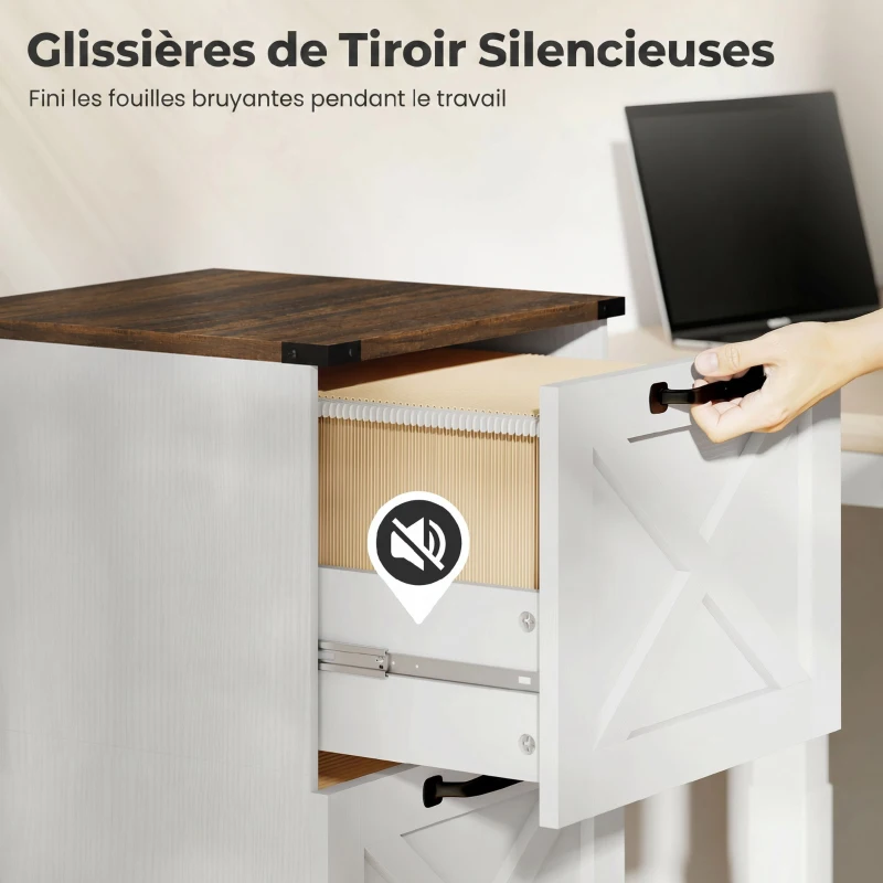 HOMCOM Caisson de Bureau avec 2 Tiroirs, Dossiers Suspendus pour Formats Lettre/A4, Style Rustique, 40x40x71cm, Blanc