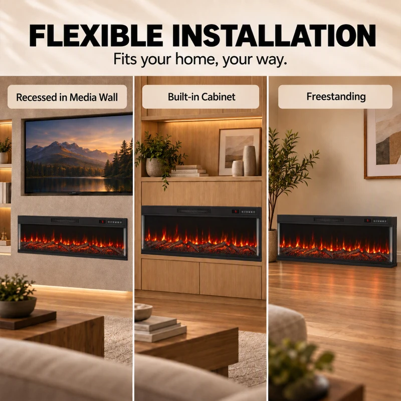 HOMCOM 60" Electric Fireplace Insert, 3-Sided Freestanding/Wall Recessed Electric Fire Heater with Adjustable Flame, 1800W