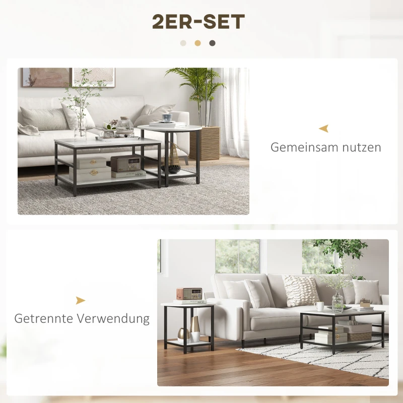 HOMCOM Salontafel Set, 2 Bijzettafels, Marmerlook, Verstelbare Voeten, Staal, Zwart/Wit