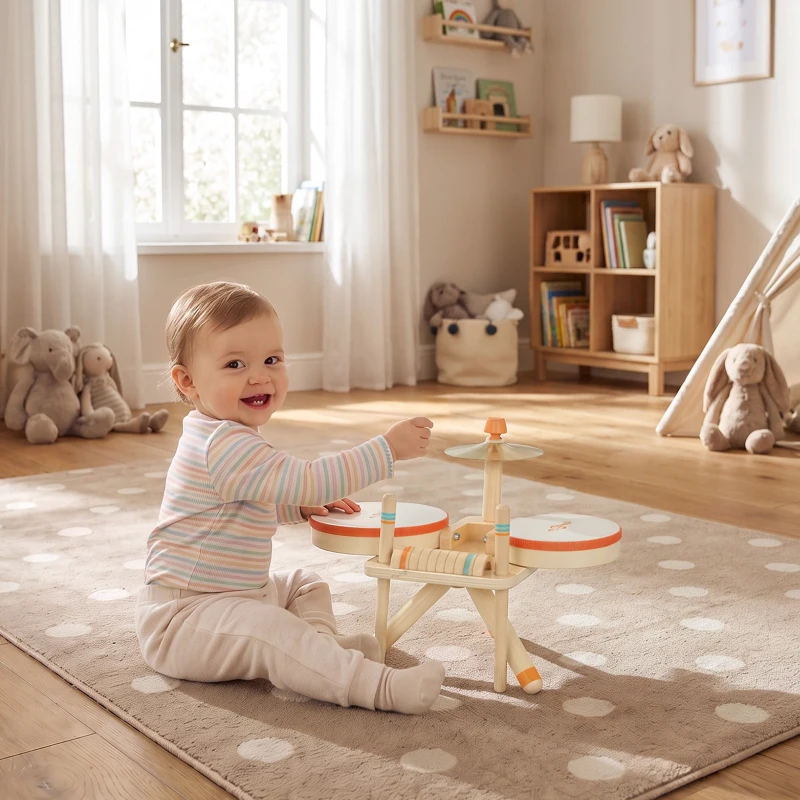 AIYAPLAY Kids Drum Kit, Wooden Musical Instruments with 2 Drums, Cymbal, Scraper, 2 Mallets for Toddlers, Music Learning, Natural